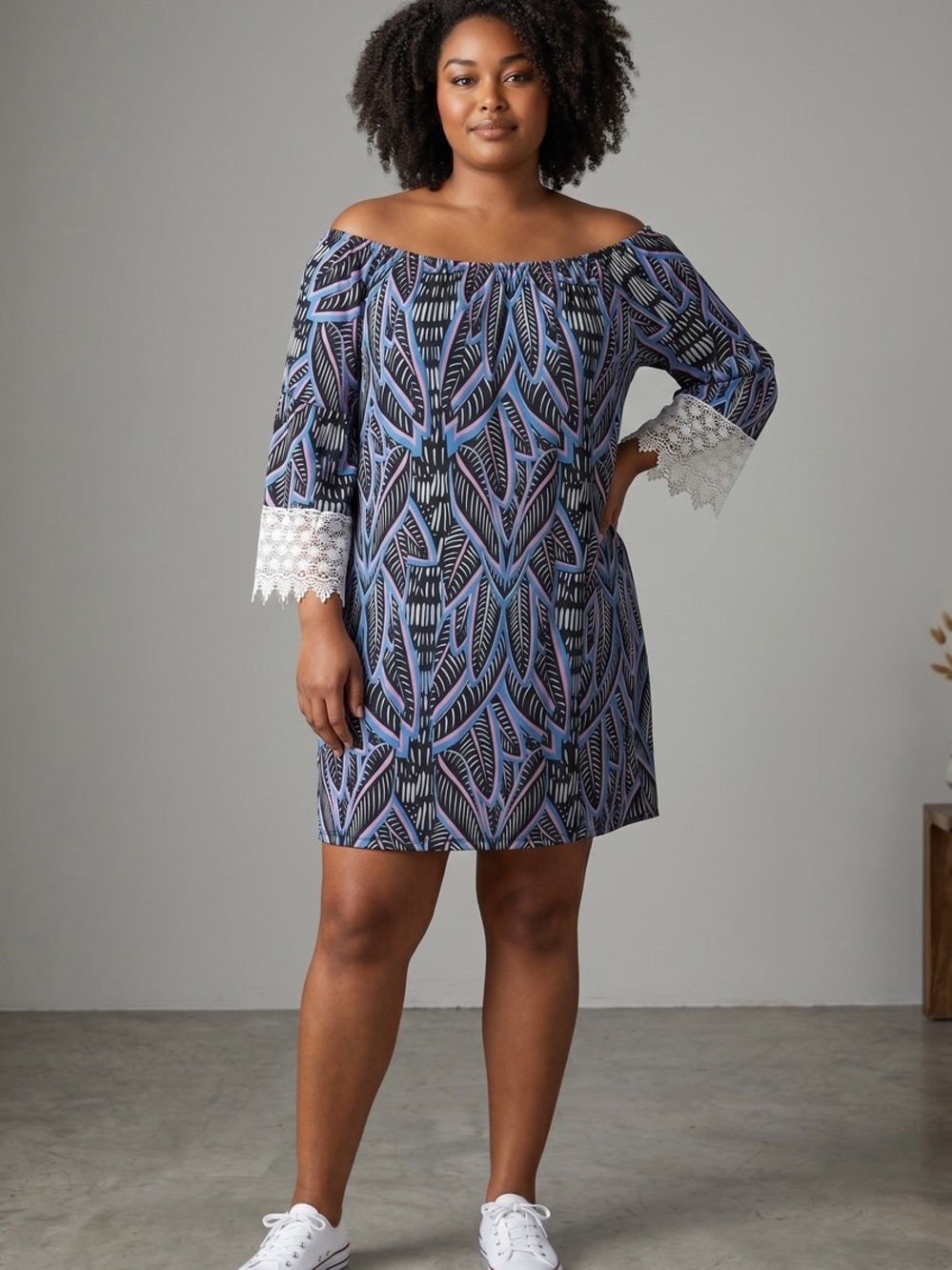 west loop Off-Shoulder Blue Patterned Dress with White Lace Cuffs